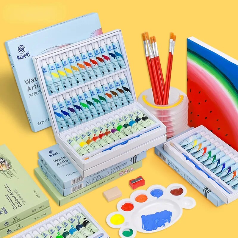 Kit De Pintura Gouache Con Cepillo 12/24 Colores Kit Dibujo Profesional  Para Niños 5ml Guache Tubo Suministros De Arte